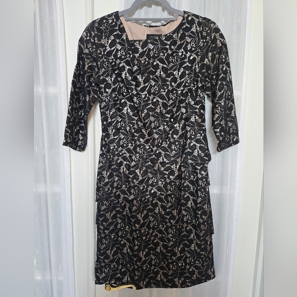 Tahari Black and Silver Long Sleeve Lace Dress